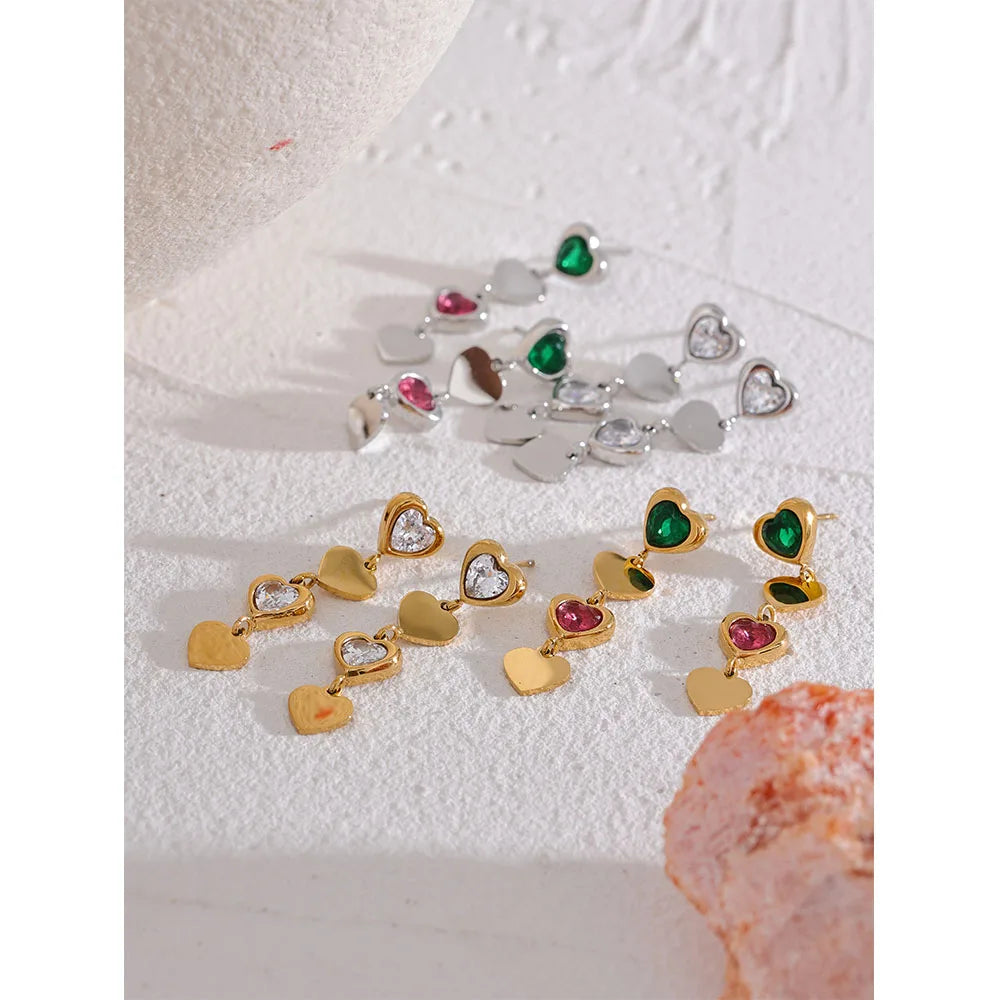Yhpup Green Pink White Cubic Zirconia Stainless Steel Heart Drop Dangle Earrings Trendy Daily Fashion Korean Jewelry for Women