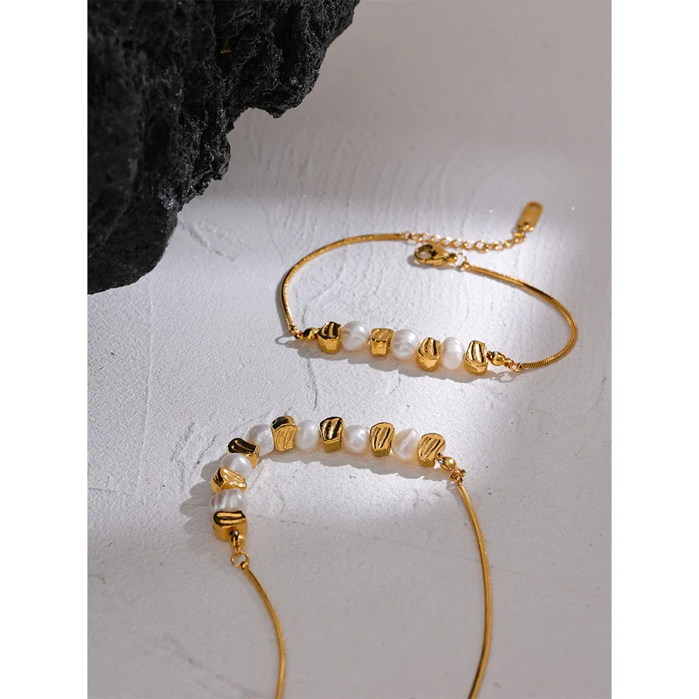 Yhpup Natural Freshwater Pearl Stainless Steel Beads Chain Necklace Bracelet Bangle Gold Color Vintage Handmade Jewelry Women