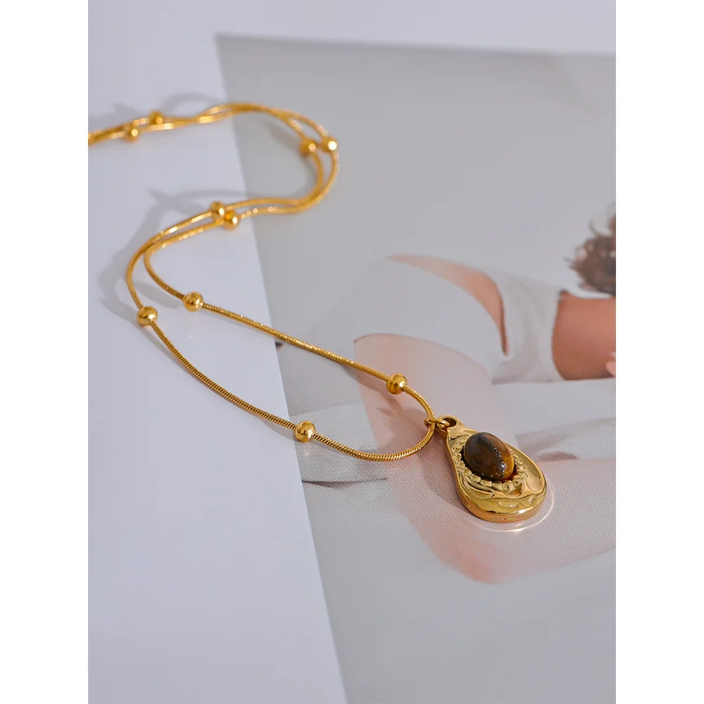 Yhpup Stainless Steel Cashew Drop Inlaid Natural Tiger Stone Pendant Necklace Rust Proof 18K PVD Plated Chain Neck Jewelry