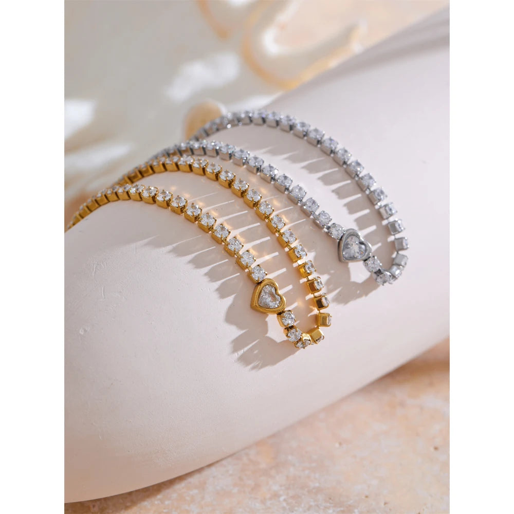 Yhpup Delicate Bling Cubic Zirconia Heart Chain Bracelet Bangle Exquisite Stainless Steel Shiny Waterproof Wrist Jewelry Gift