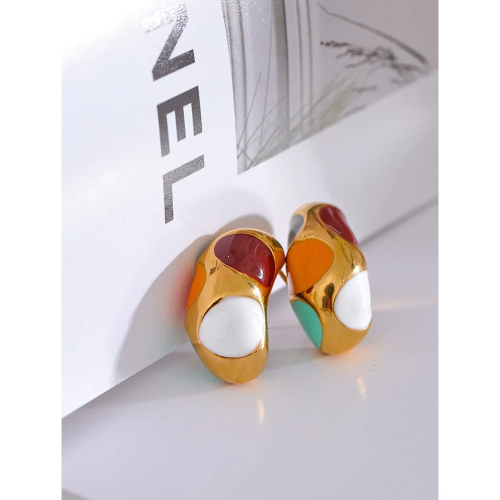 Yhpup Colorful Enamel Stainless Steel Half Empty Metal Fat Stud Earrings Waterproof Fashion Charm Jewelry Bijoux for Women