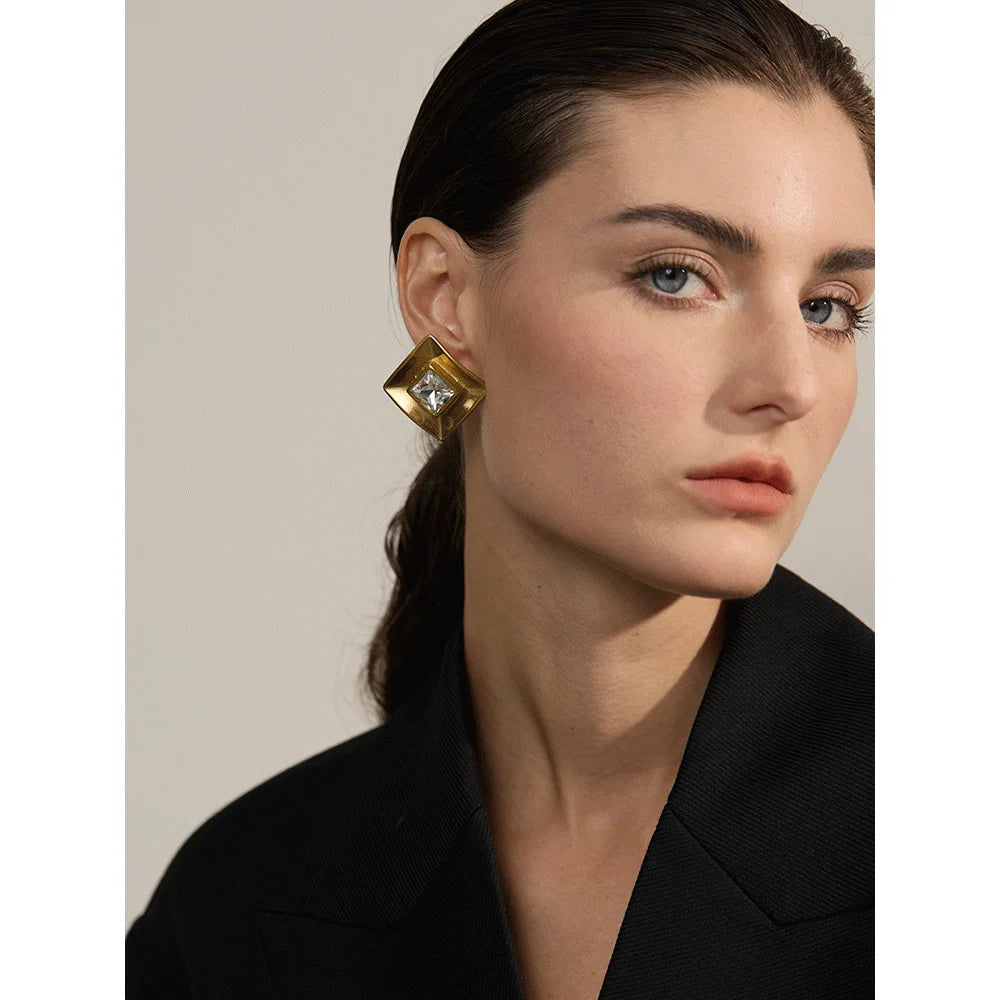 Yhpup Delicate Transparent Crystal Stainless Steel Square Stud Earrings Prevent Allergy Trendy Fashion Daily Jewelry Gift