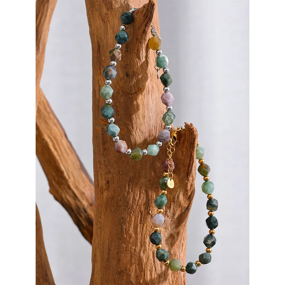 Yhpup Indian Agate Natural Stone Beads Chain Men Bracelet Bangle Stainless Steel Wrist Handmade Summer Jewelry Waterproof