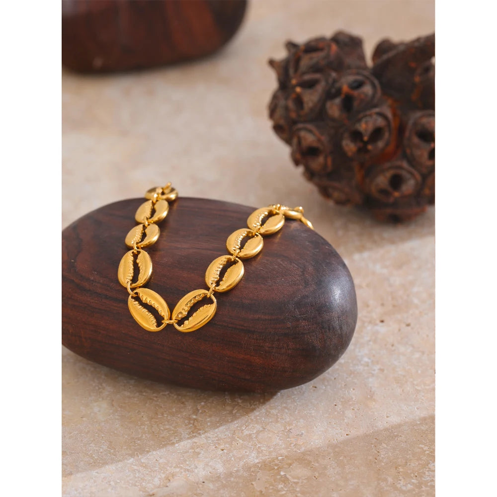Yhpup Stainless Steel Metal Shell Gold Color 18K Plated Fashion Beach Holiday Bracelet Handmade Waterproof Summer Jewelry