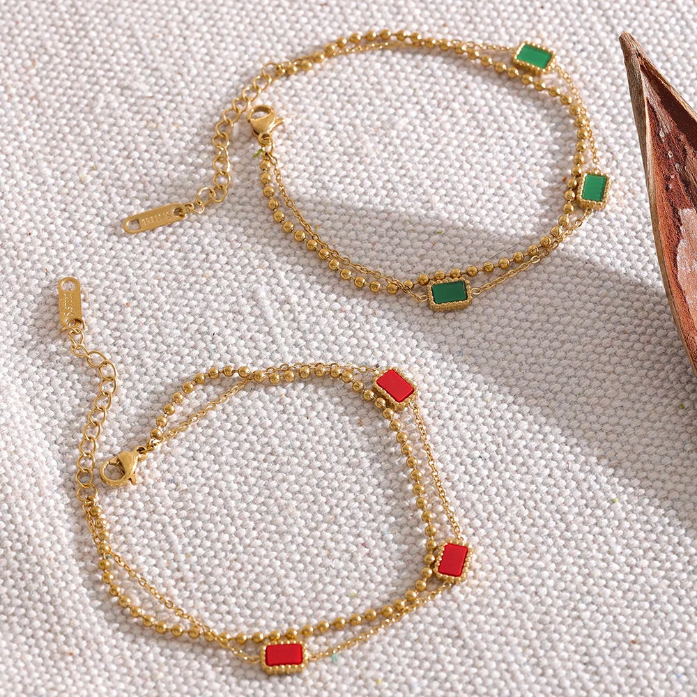 Yhpup Double Chain Green Red Square Acrylic Stainless Steel Bracelet Bangle Charm Gold Color Trendy Fashion Korean Jewelry Women