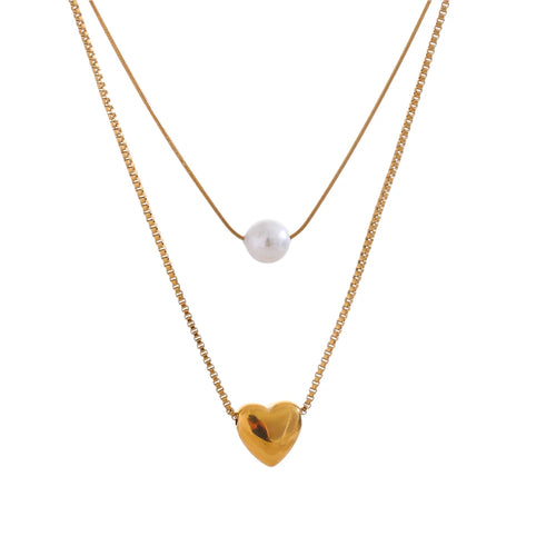 Yhpup Fashion Stainless Steel Double-Layer Chain Heart Imitation Pearl Pendant Stacking Necklace for Women Rust Proof Jewelry