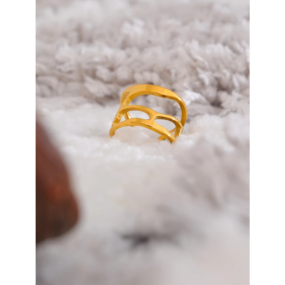 Yhpup Stainless Steel Wide Hollow Cuff Open Ring for Women Stylish Design Water Resistant Metal Jewelry Wholesale