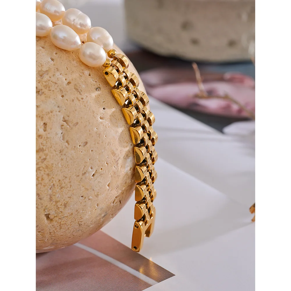 Yhpup Luxury Natural Pearls Cuban Chain 316L Stainless Steel Bracelet Bangle High Quality Women Gold Color Premium Jewelry Gift