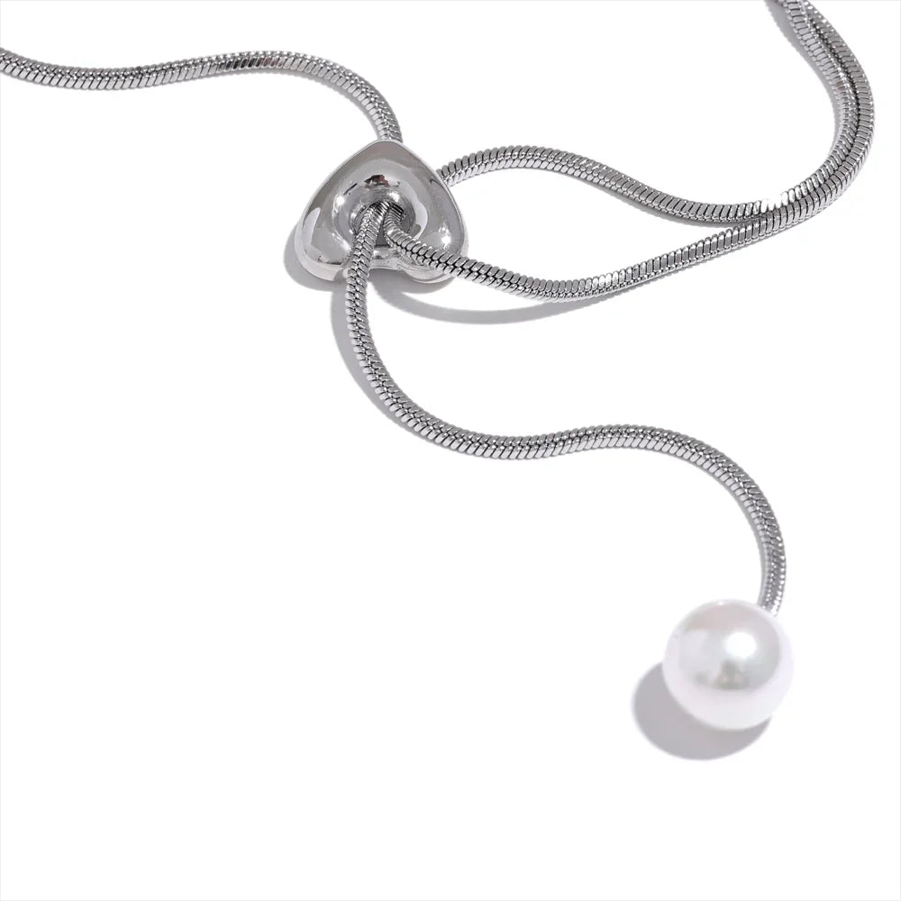 Yhpup 316l Stainless Steel Long Chain Heart Pendant Passed Chest Necklace Imitation Pearls Fashion Gold Silver Color Jewelry