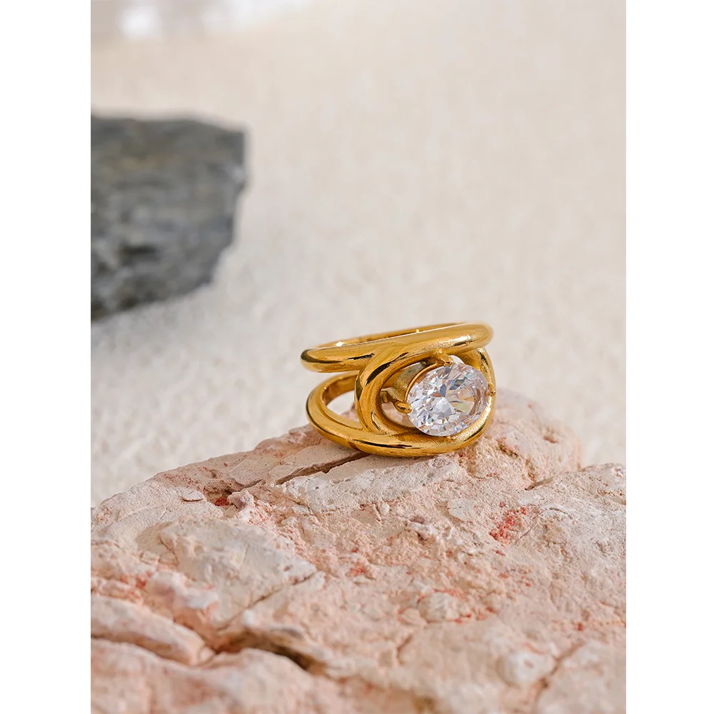 Yhpup Shiny AAA Cubic Zirconia Stainless Steel Gold Color PVD Plated Ring Temperament Fashion Women Fashion Finger Jewelry Gift
