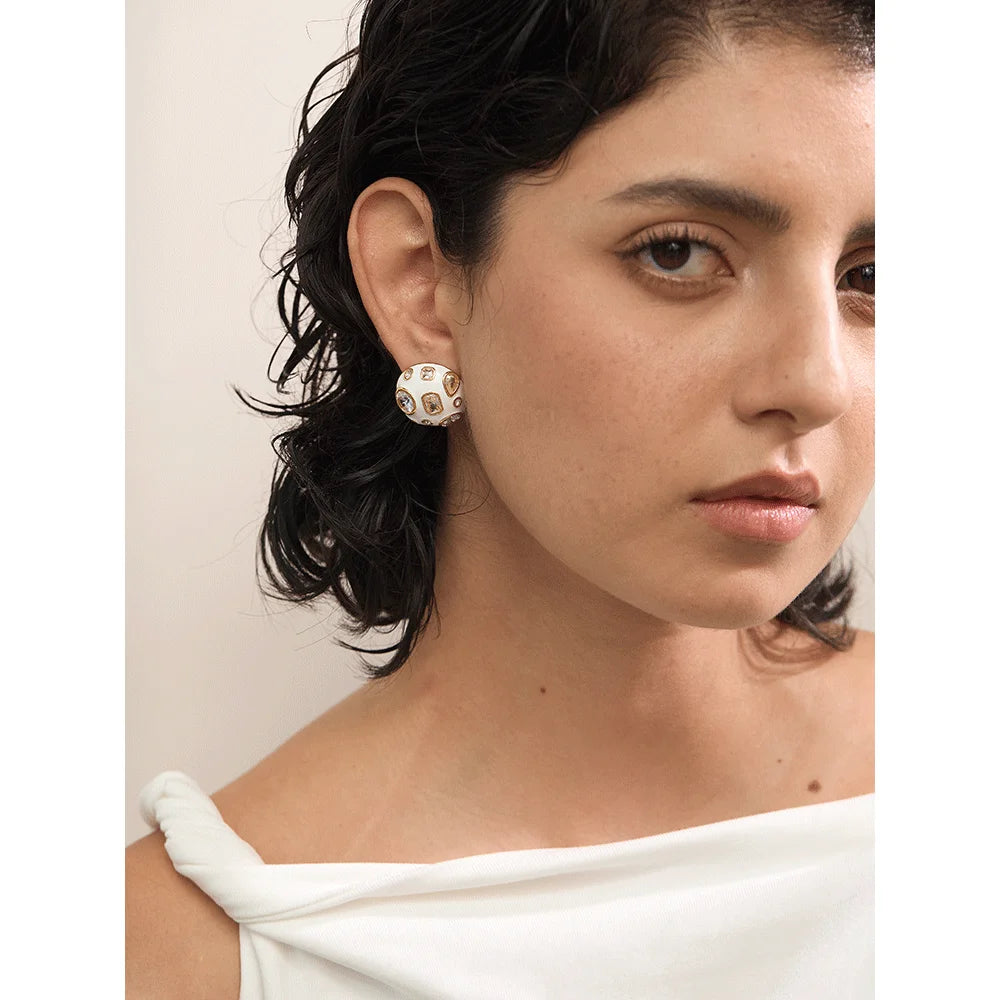 Yhpup Stainless Steel White Enamel inlaid Cubic Zirconia Charm Stud Earrings for Women Fashion Waterproof Jewelry