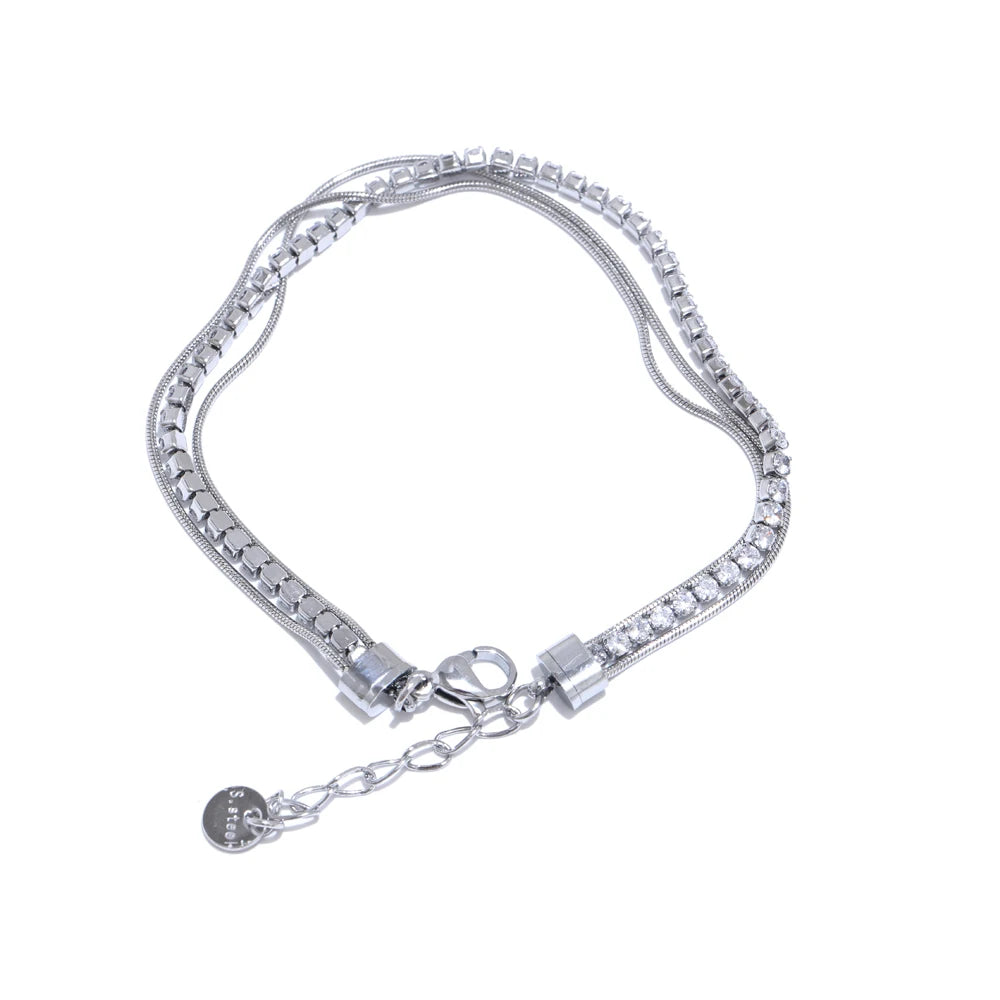 Yhpup Stainless Steel Shiny Cubic Zirconia Layered Chain Stacking Bracelet Bangle Waterproof Women High Quality Fashion Jewelry