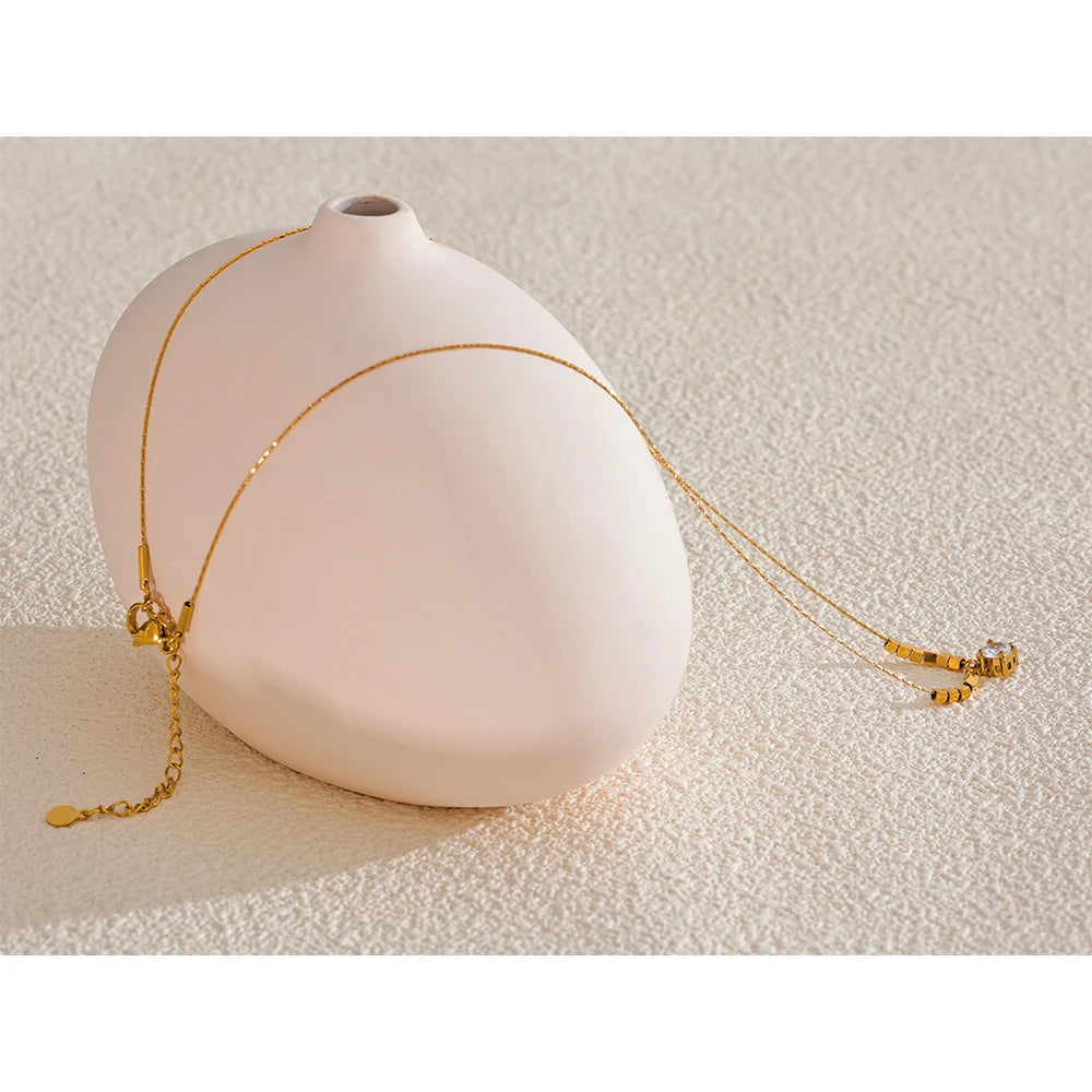 Yhpup Small Chic Square Chain Drop Cubic Zirconia Golden Necklace Pendant for Women High Quality Stainless Steel Popular Jewelry