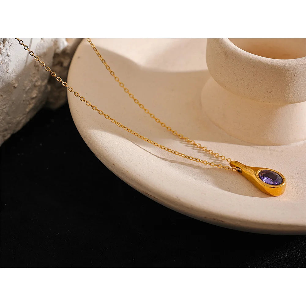 Yhpup High Quality Purple Cubic Zirconia Stainless Steel Water Drop CZ Pendant Fashion Necklace Delicate Women Chic Jewelry Gift