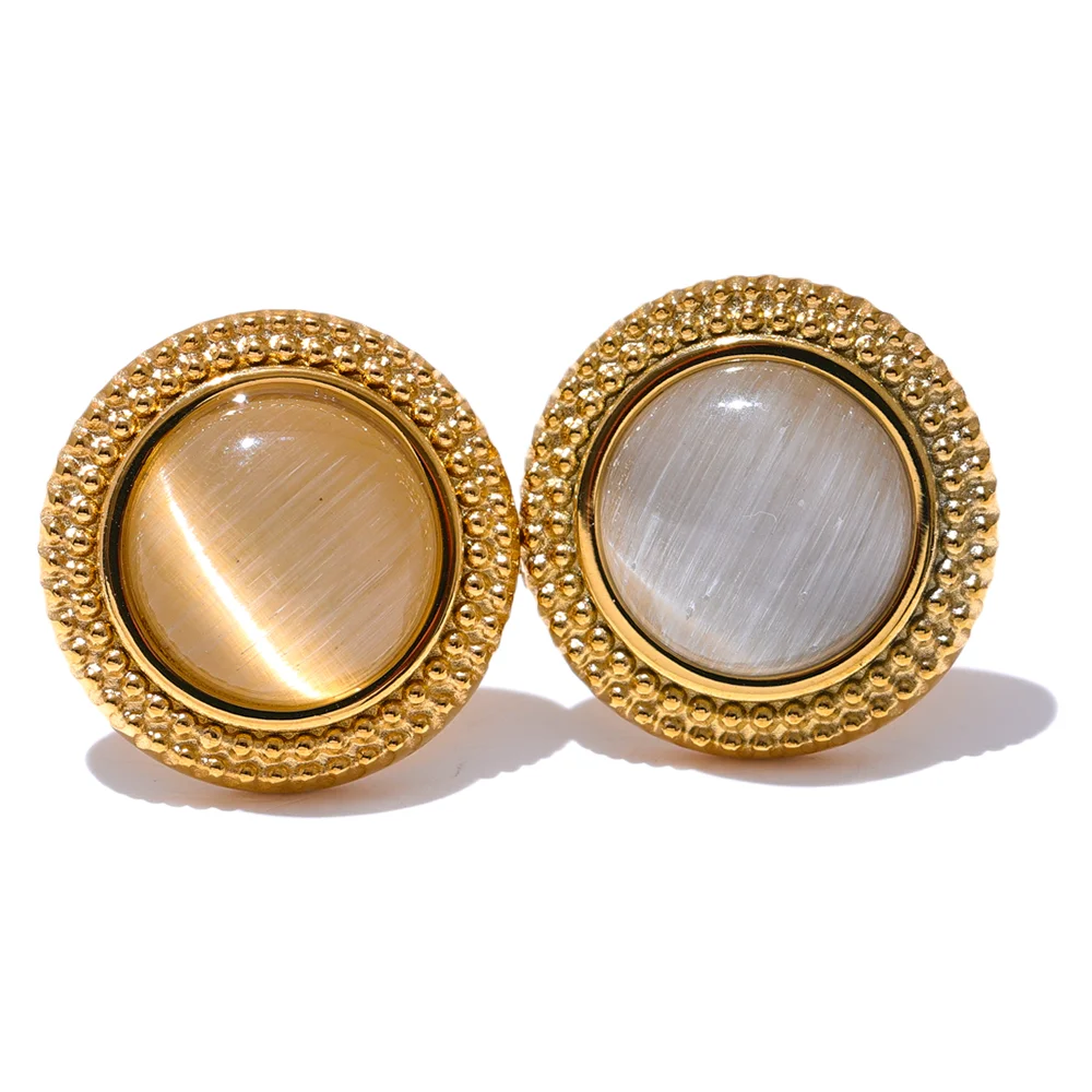 Yhpup Exquisite Natural Stone Stainless Steel Round Small Stud Earrings Waterproof Trendy High Quality Daily Jewelry Bijoux
