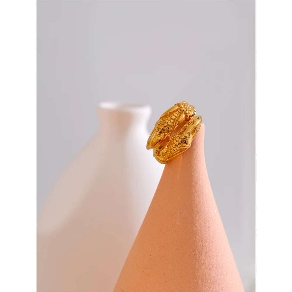 Yhpup 316L Stainless Steel Metal Hammer Snake Twisted Ring Water Resistant Texture Geometric Statement 18k Gold Color Jewelry