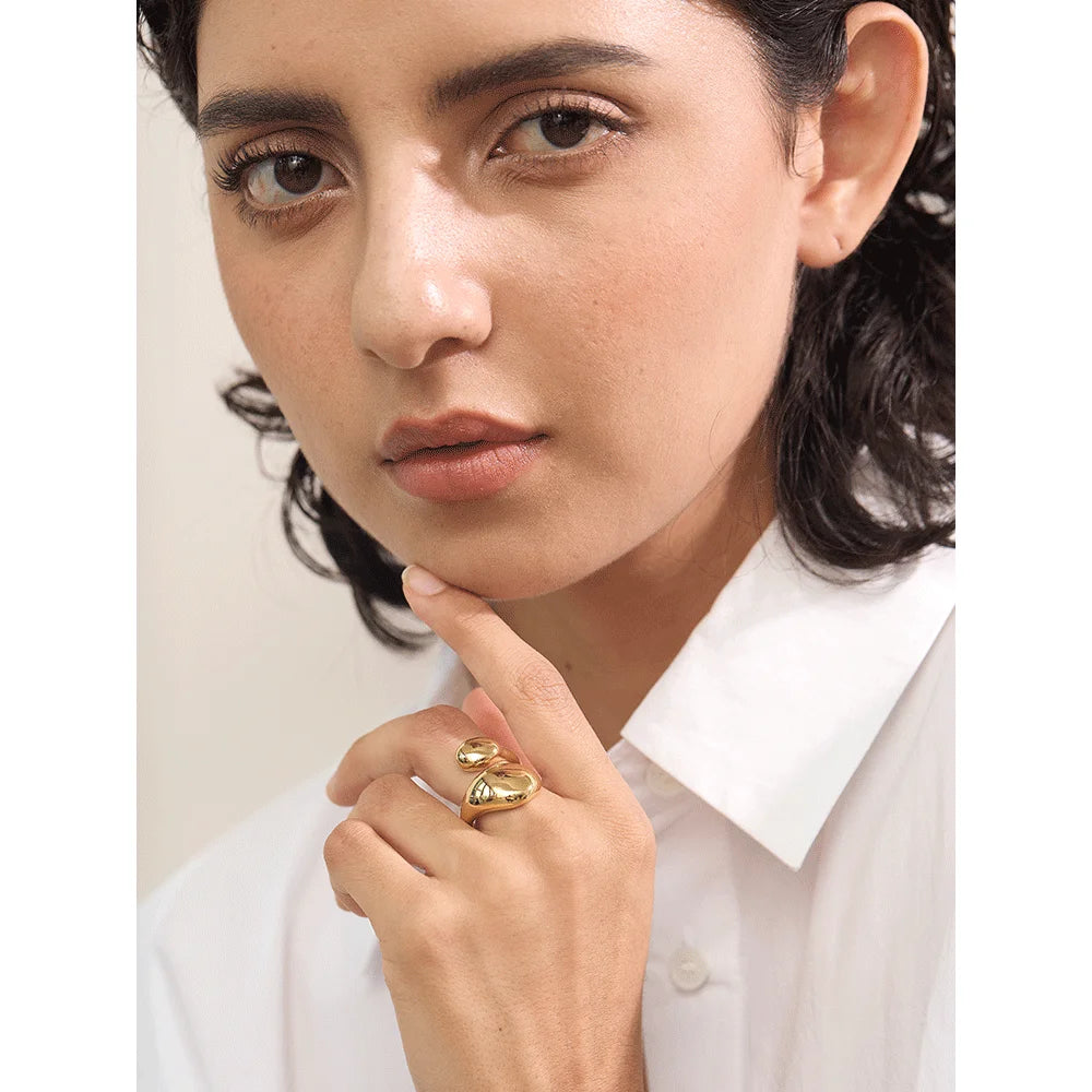 Yhpup 18K PVD Plated Stainless Steel Texture Geometric Finger Ring for Women Individualistic Sleek Metal Adjustable Jewelry Gift