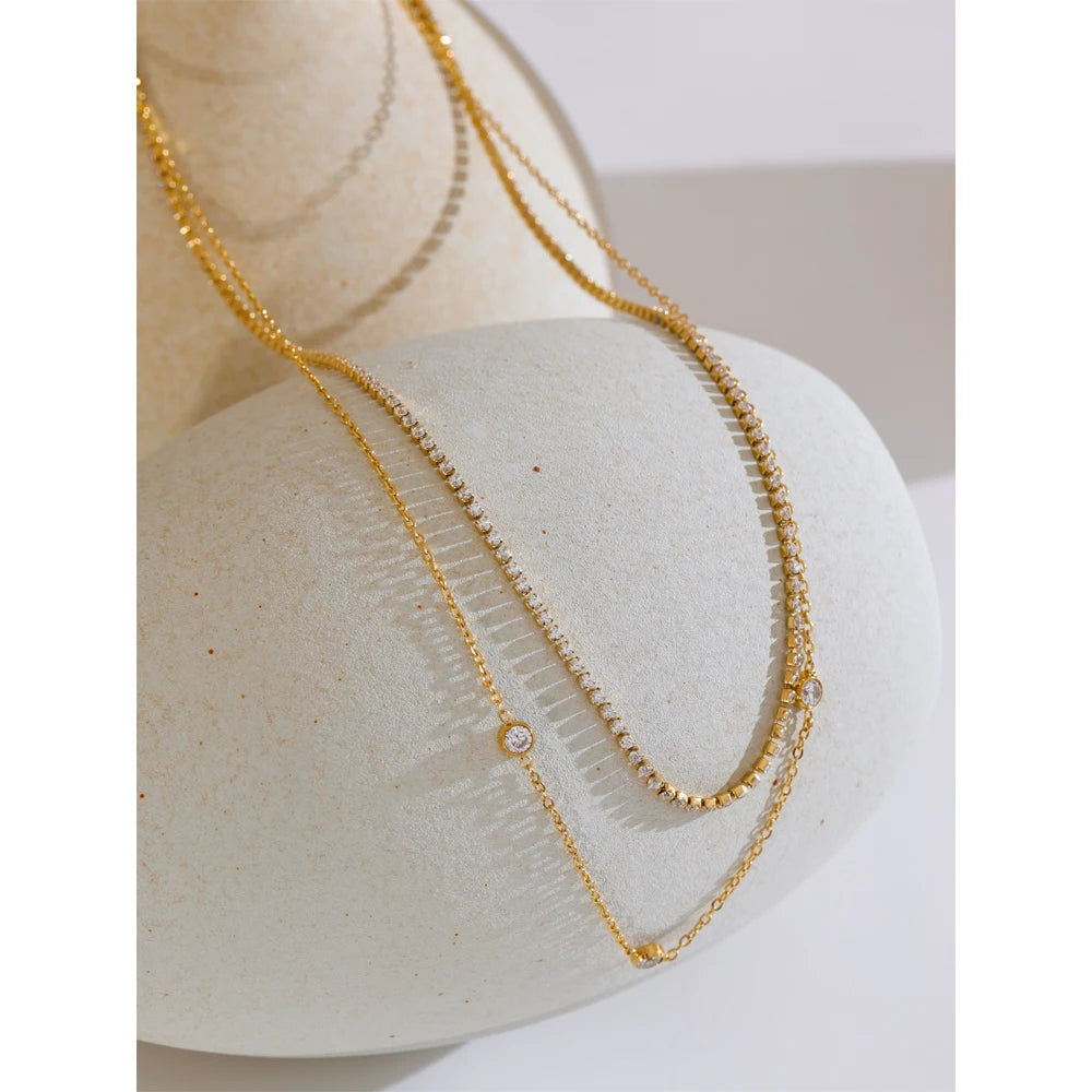 Yhpup New Arrivals Stainless Steel Double Layer Cubic Zirconia Chain Necklace for Women Temperament Delicate Premium Jewelry