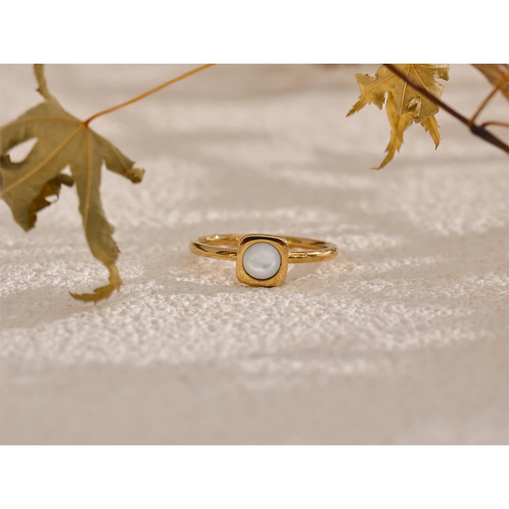 Yhpup Natural Shell Square Thin Fashion Ring 316L Stainless Steel Gold Color Charm Chic Jewelry 18K PVD Plated Waterproof