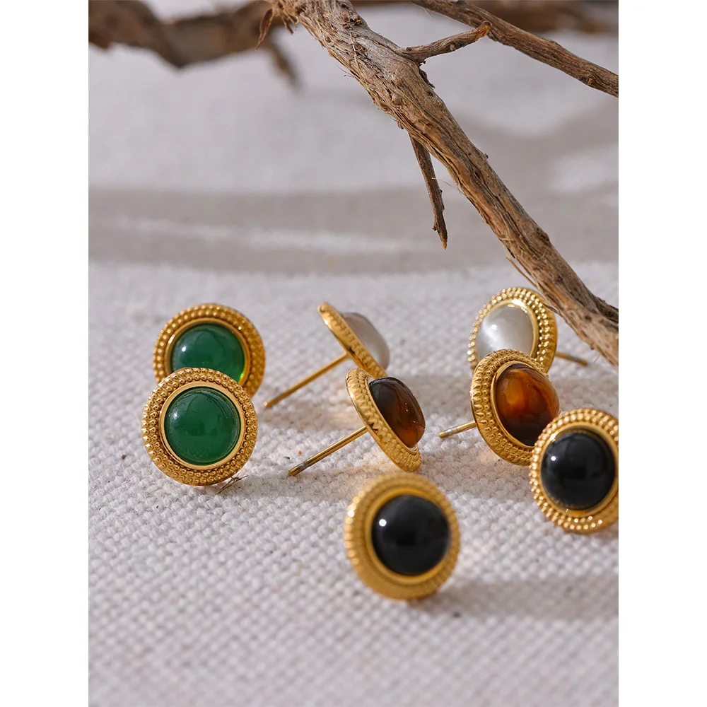 Yhpup Exquisite Natural Stone Stainless Steel Round Small Stud Earrings Waterproof Trendy High Quality Daily Jewelry Bijoux