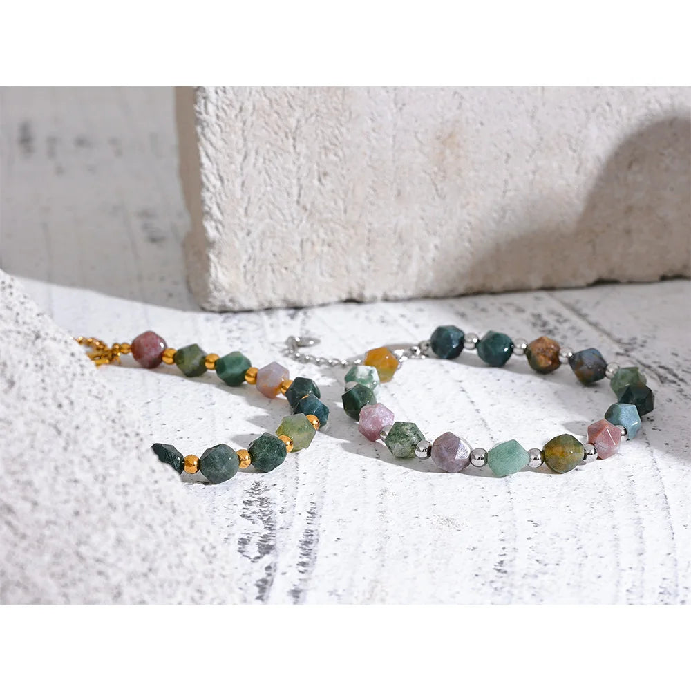 Yhpup Indian Agate Natural Stone Beads Chain Men Bracelet Bangle Stainless Steel Wrist Handmade Summer Jewelry Waterproof