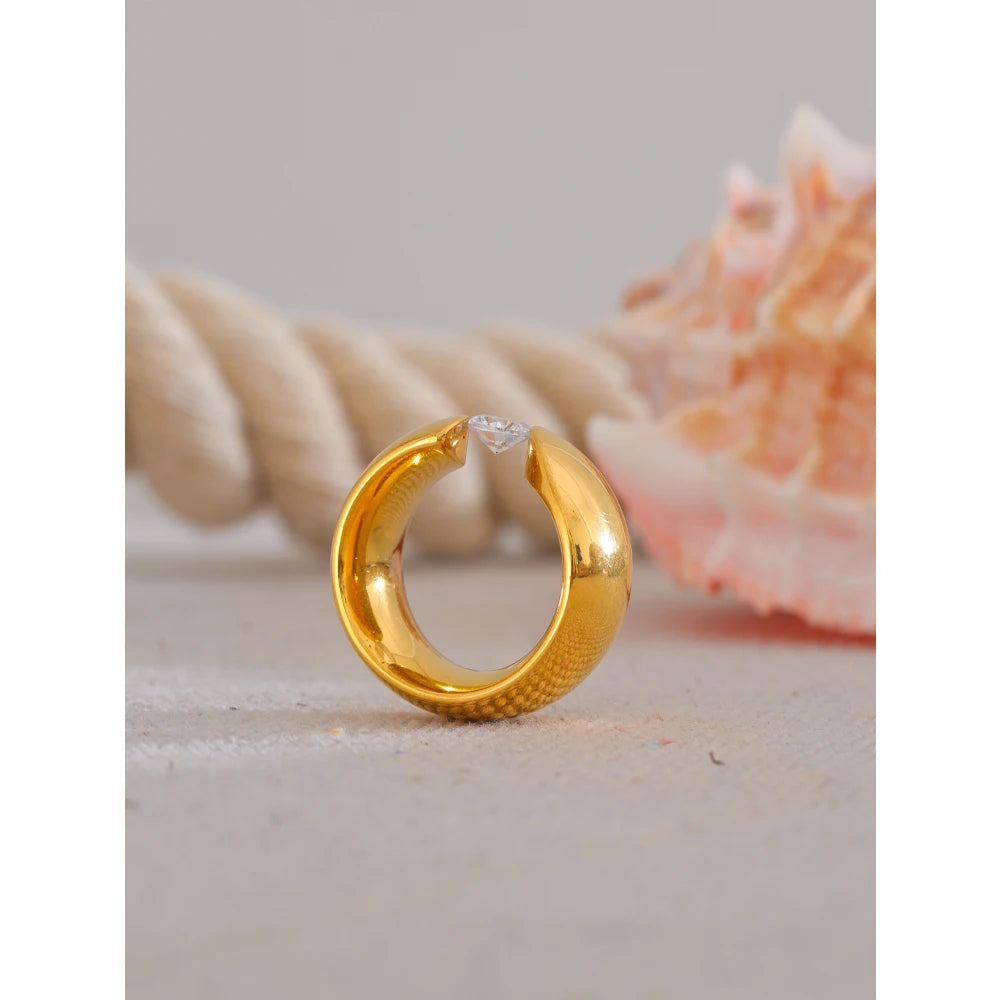 Yhpup Size 678 Sleek Metal Stainless Steel Shiny Cubic Zirconia Wide Golden Ring 18K PVD Plated Charm Daily Jewelry Gift