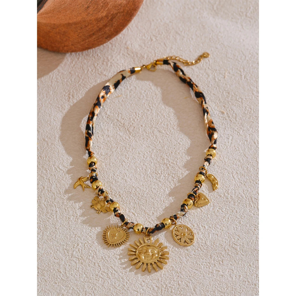 Yhpup Popular Stainless Steel Leopard Polyester Sun Flower Heart Insect Drop Collar Necklace 18K PVD Plated Fashion Jewelry Gift