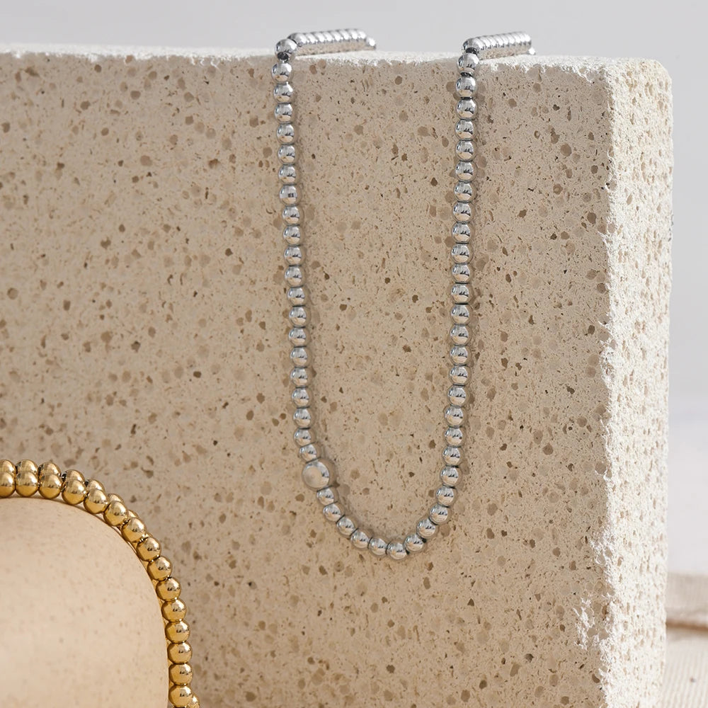 Yhpup High Quality 18K PVD Plated Round Beads Chain Handmade Necklace Water Resistant Stainless Steel Statement Jewelry