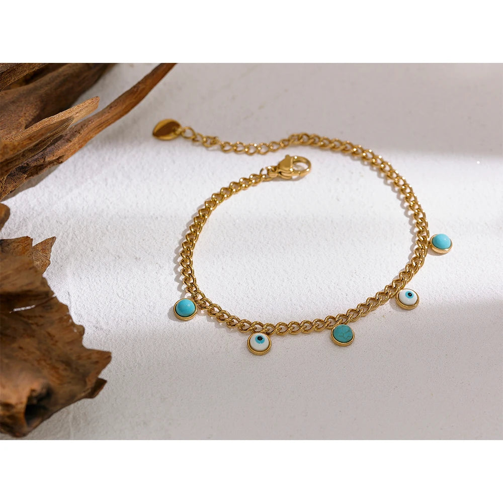 Yhpup Stainless Steel Turquoise Stone Resin Eye Charm Fashion Bracelet Bangle Golden Daily Trendy Jewelry for Female Браслет