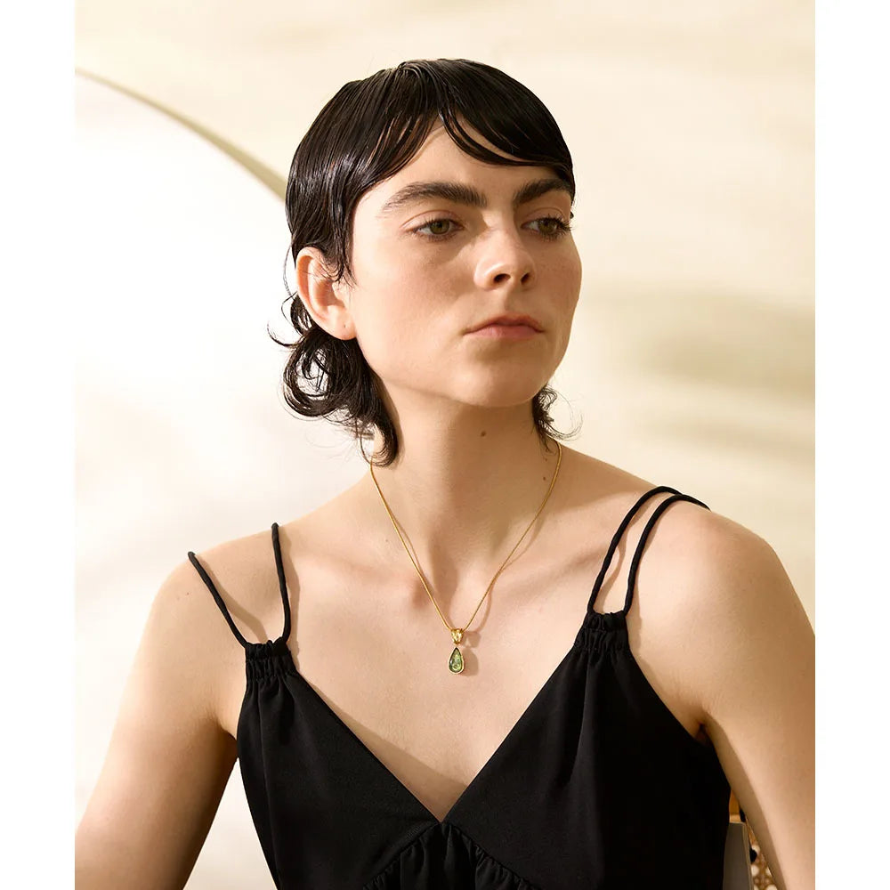 Yhpup Stylish Green Glass Crystal Water Drop Pendant Necklace for Women 316l Stainless Steel Cast Gold Color Fashion Jewelry New