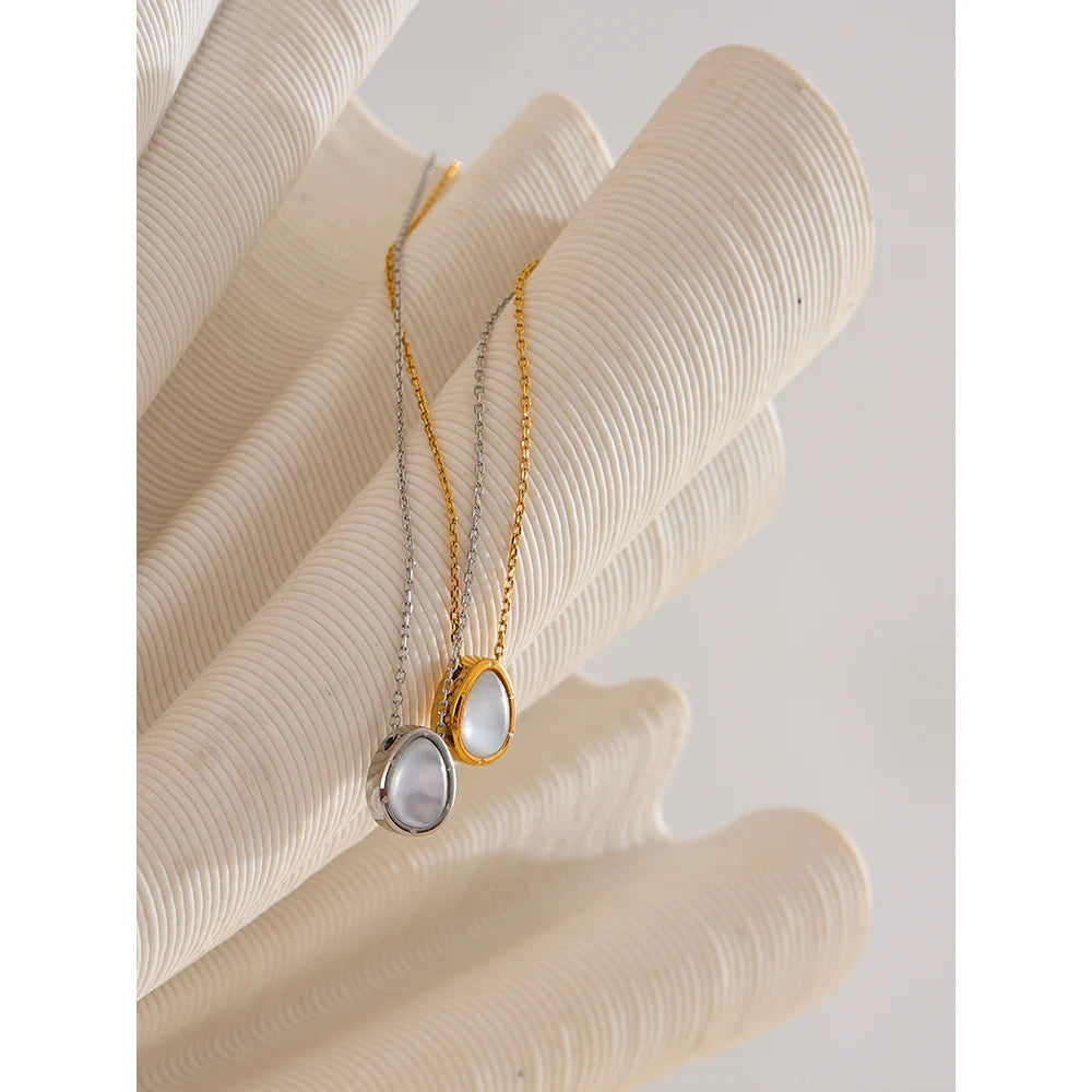 Yhpup 316L Stainless Steel Natural Stone Exquisite Shell Pendant Necklace for Women Chic Waterproof Metal Stylish Collar Jewelry