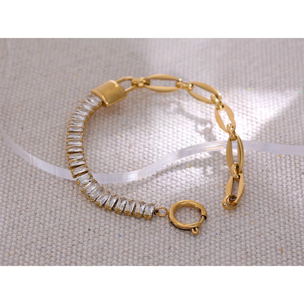Yhpup Waterproof Metal Lock Chain Bling Cubic Zirconia Stainless Steel Bracelet Bangle Stylish Luxury Trendy Fashion Jewelry