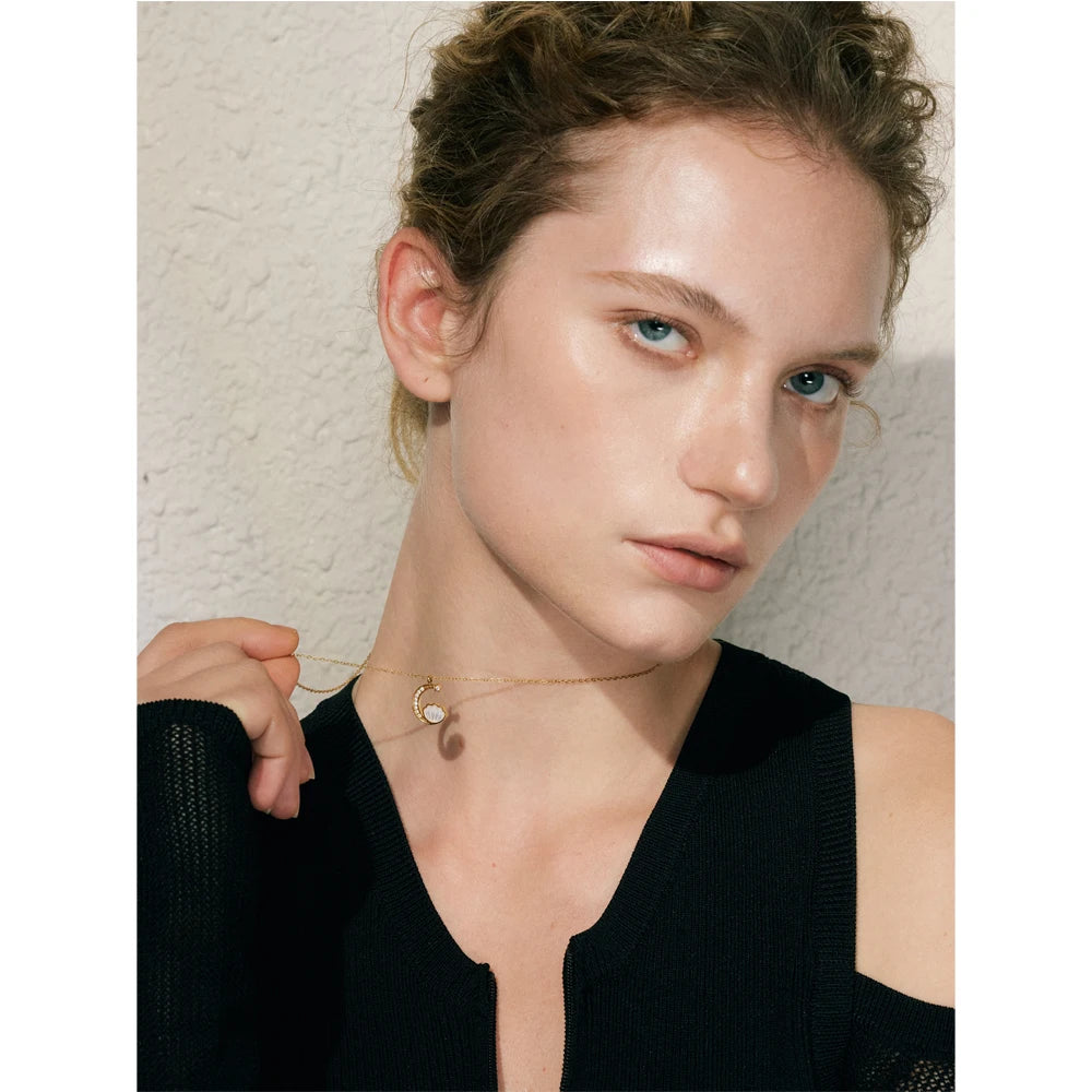 Yhpup Zirconia Natural Shell Moon Drop Delicate Necklace 18K PVD Plated Chain Stainless Steel Premium Jewelry Gift
