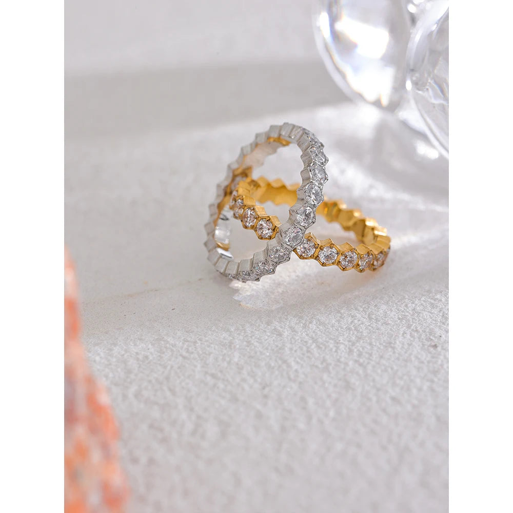 Yhpup Exquisite White Cubic Zirconia Bling Stainless Steel Classic Thin Chic Ring Luxury Engagement Wedding Fashion Jewelry Gift