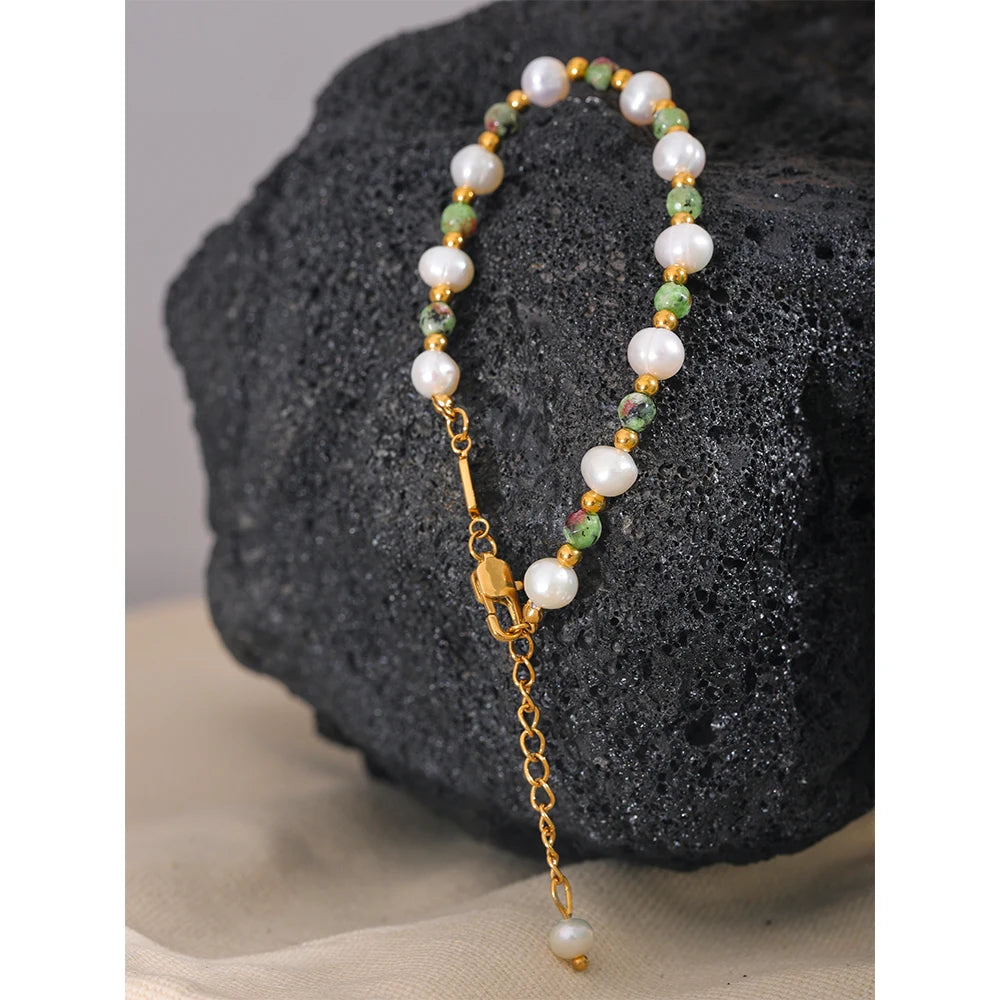 Yhpup Natural Stone Freshwater Pearls Fashion Handmade Stainless Steel Charm Jewelry Bracelet Bangle for Women Gift Waterproof