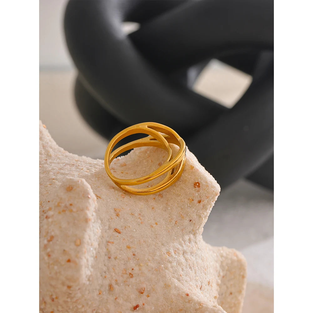 Yhpup Stainless Steel Geometric Ring 18K Gold PVD Plated Minimalist Unusual Jewelry New