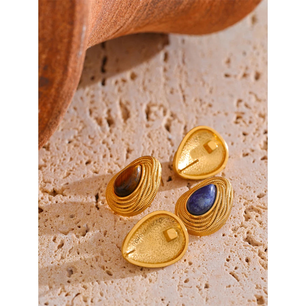 Yhpup Water Drop Natural Stone Fashion Geometric Daily Stud Earrings Vintage Tiger Lapis Lazuli Charm Jewelry Gold Color PVD