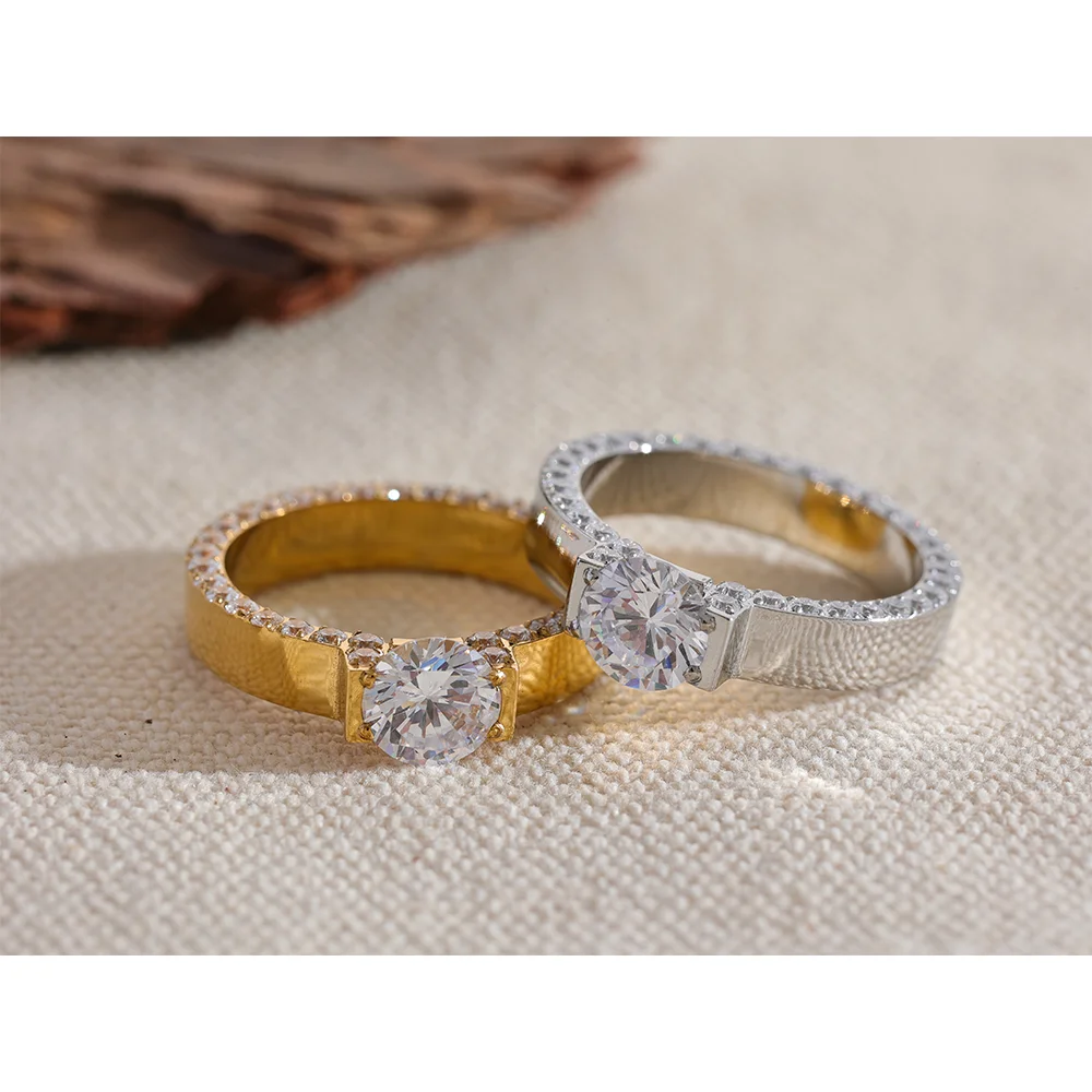 Yhpup Luxury Bling AAA Cubic Zirconia Stainless Steel Fashion Wedding Ring Women High Quality Exquisite Anniversary Jewelry Gift