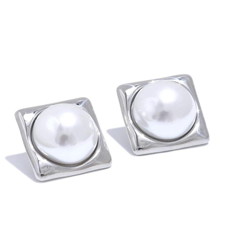 Yhpup 9g/pair Elegant Simulated Pearls Square Golden Stud Earrings for Women 316L Stainless Steel Fashion Classic Jewelry Gift