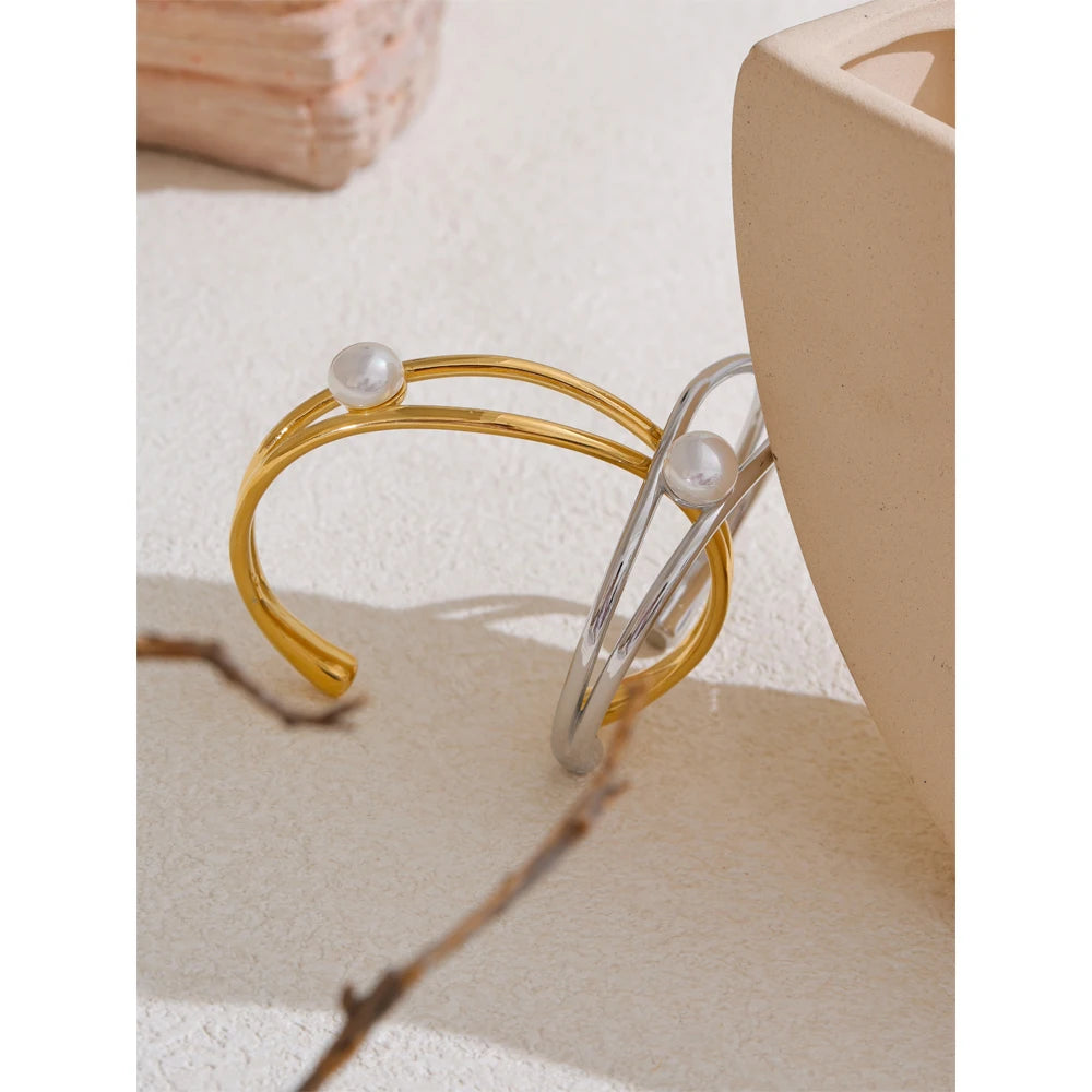 Yhpup New Stainless Steel Smooth Pearl Hollow Open Stylish Bracelet Bangle Minimalist Charm Fashion Wrist Jewelry for Women