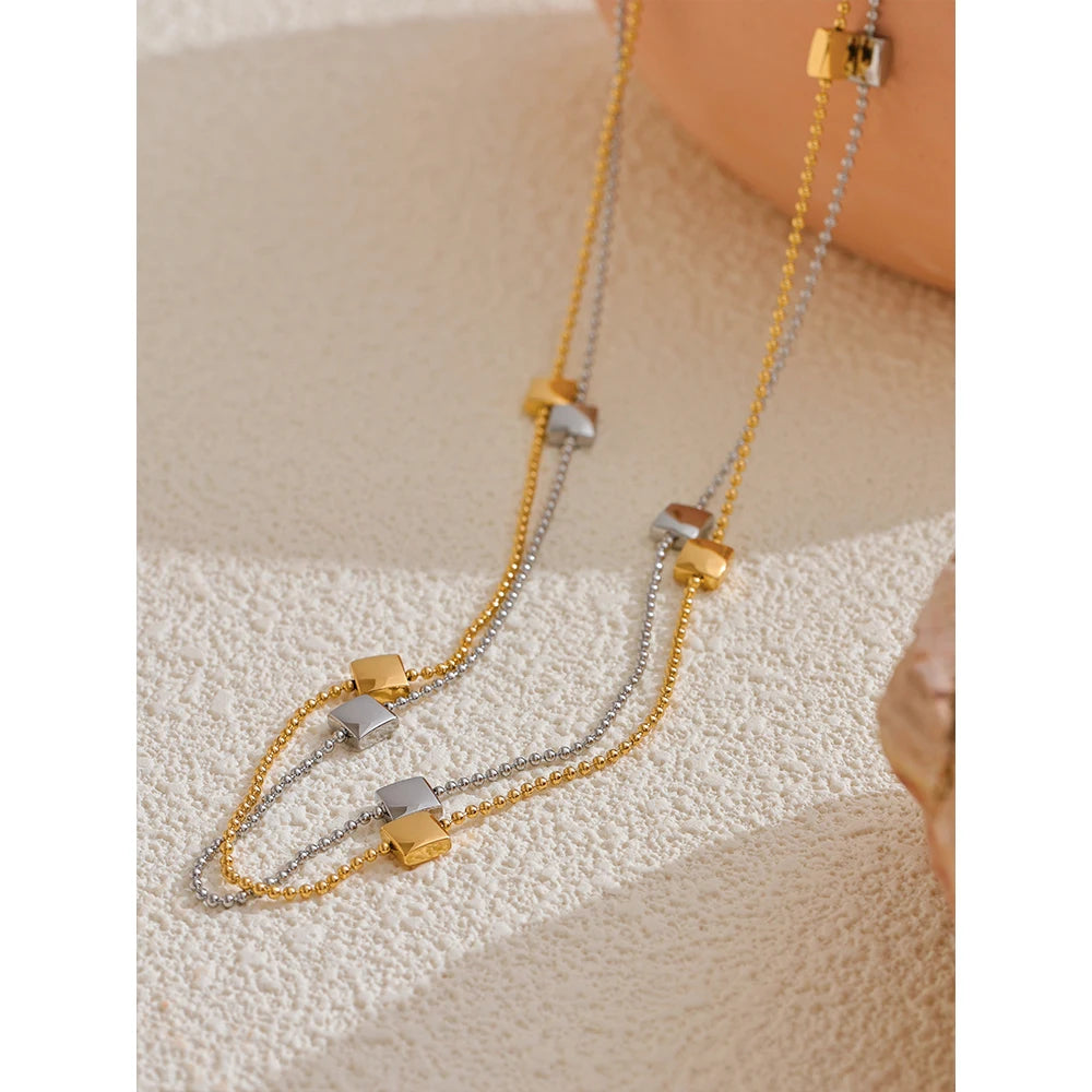 Yhpup New 316L Stainless Steel Square Beads Chain Necklace Rust Proof Exquisite Daily Chic Women Waterproof Jewelry Gift