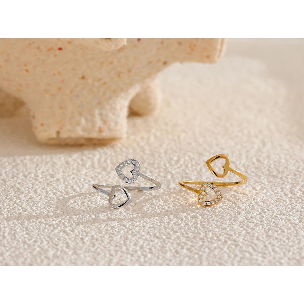 Yhpup Gold & Platinum PVD Plated Stainless Steel Open Adjustable Ring Heart Hollow Fashion Chic Finger Accessories for Women