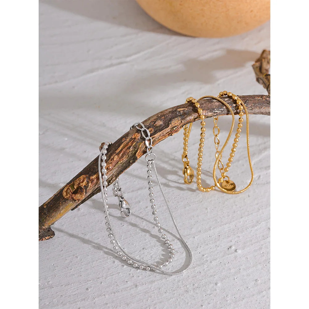 Yhpup Stainless Steel Flat & Bead Chains Double Layer Fashion Bracelet Bangle Men Women Charm Summer Beach Trendy Chic Jewelry