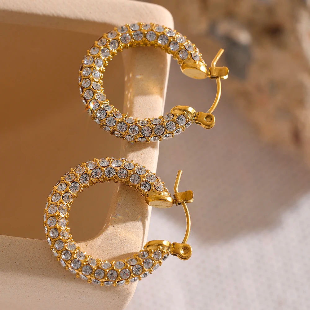 Yhpup Luxury Micro Shiny Cubic Zirconia Stainless Steel Hoop Huggie Earrings Stylish Charm Korean Style Fashion Jewelry Women
