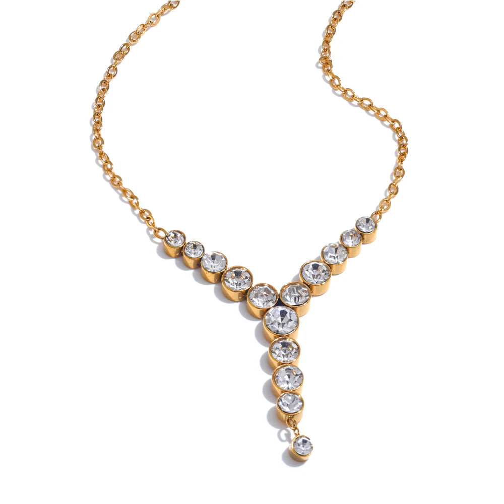 Yhpup Waterproof Exquisite Bling Cubic Zirconia Y-Shape Chic Necklace Pendant Stainless Steel Luxury Jewelry Delicate Gift