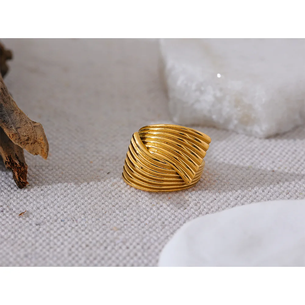 Yhpup New Stainless Steel Metal Geometric Golden Wide Ring Statement Texture 18K PVD Plated Attractive Jewelry Bijoux