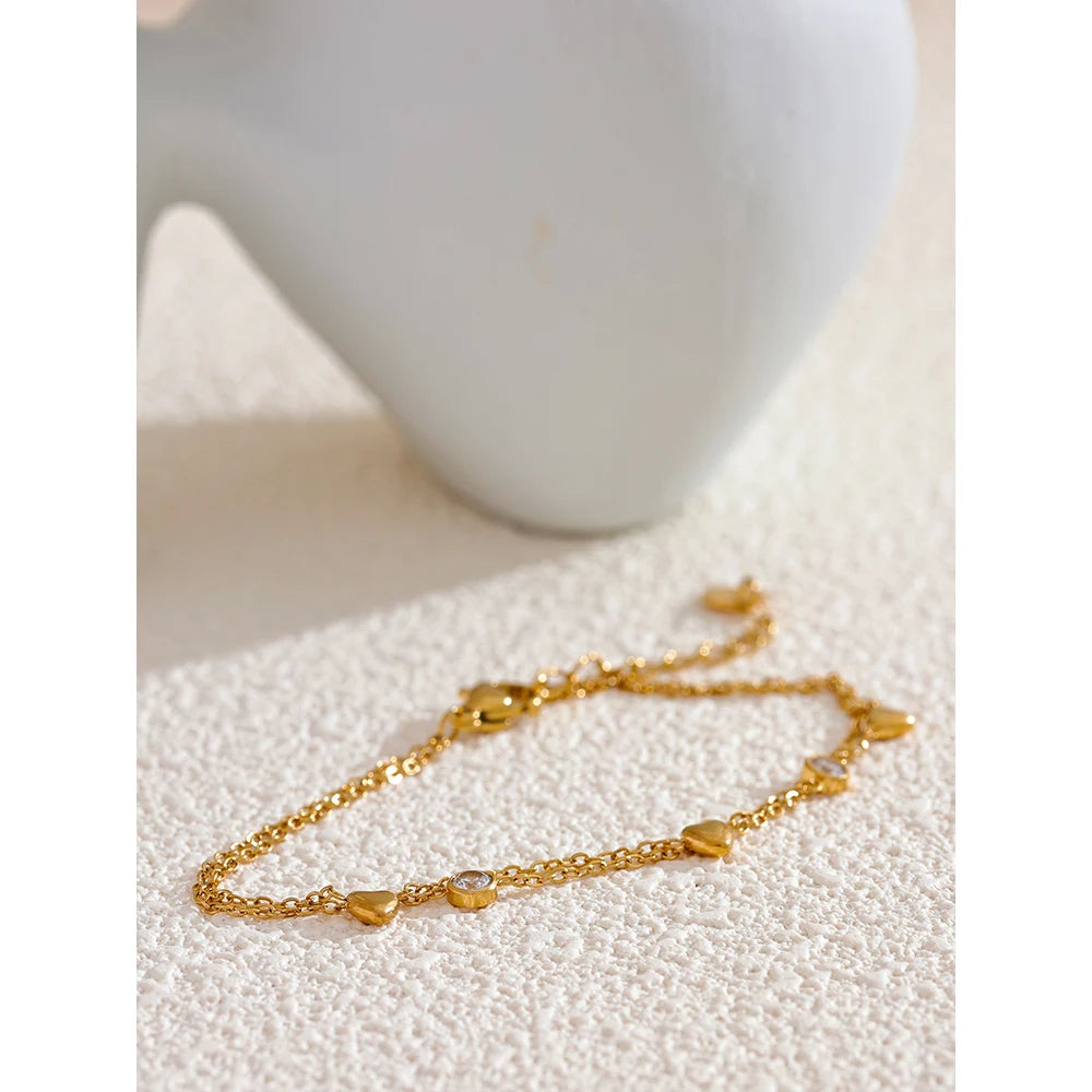 Yhpup Delicate Chain Heart Zircon Double Layer Stacking Bracelet Bangle Chic Summer Stainless Steel Waterproof Jewelry Gift