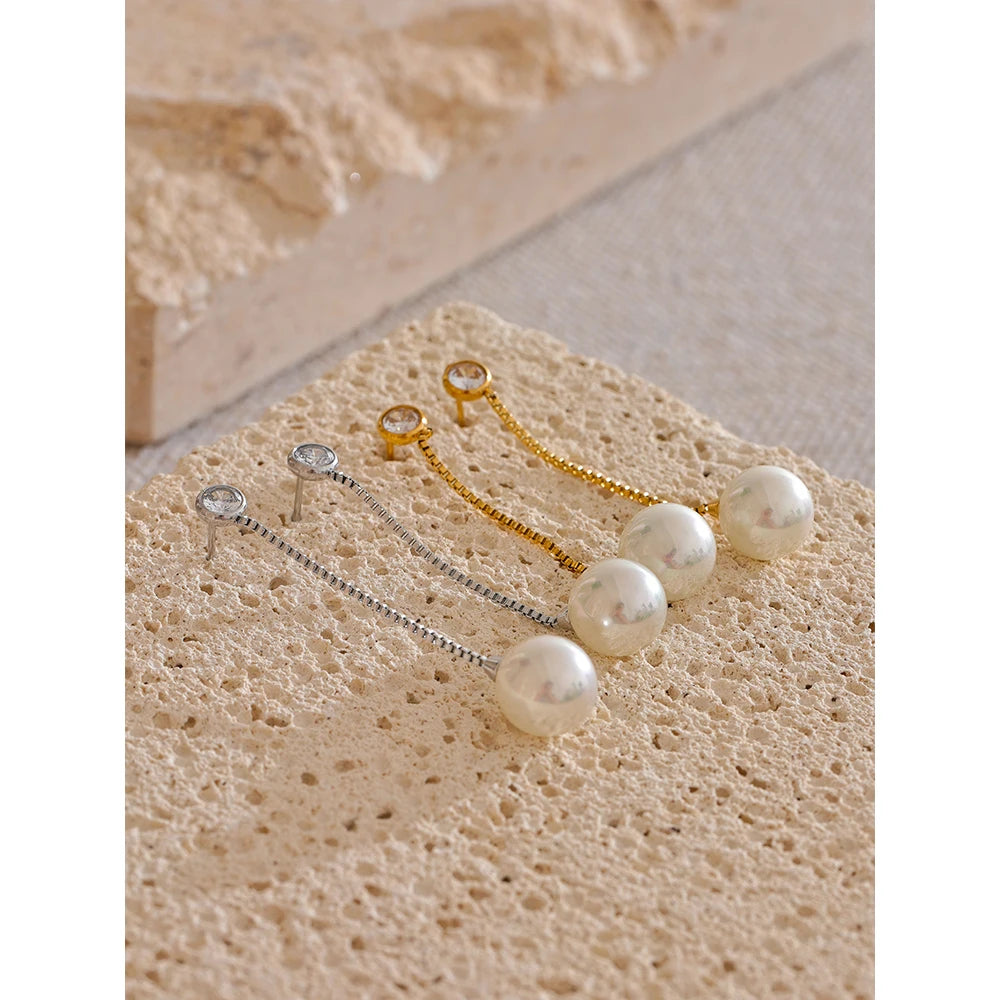Yhpup Korean Imitation Pearls Long Chain Hanging Dangle Earrings for Women Anti Allergic Stainless Steel Charm Daily Jewelry