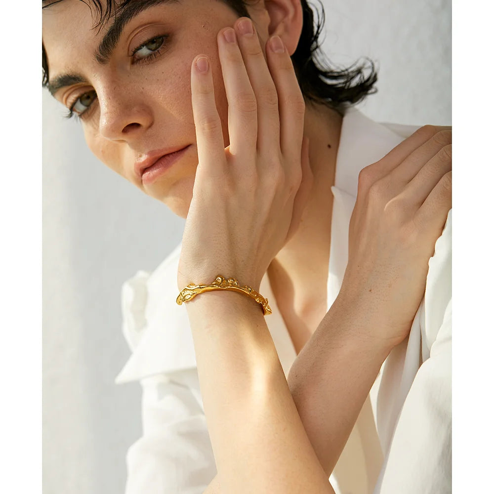 Yhpup Waterproof 18K Gold Color Stainless Steel Irregular Geometric Open Cuff Bracelet Bangle Personalized Metal Texture Jewelry