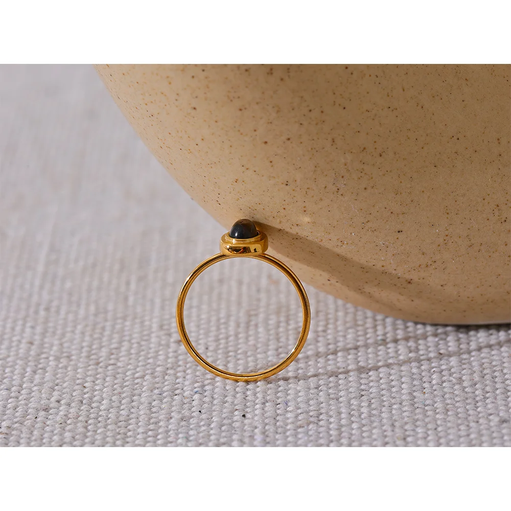 Yhpup Fashion Natural Stone Stainless Steel Oval Thin Chic Ring Women 18K PVD Plated Waterproof Jewelry Accessories Gift